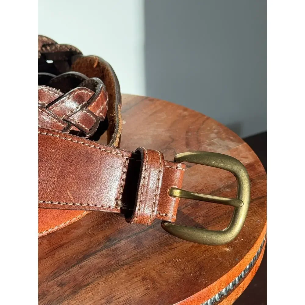 Genuine Leather Braided Woven GAP Belt Brown Brass Buckle Boho Western Size S 30